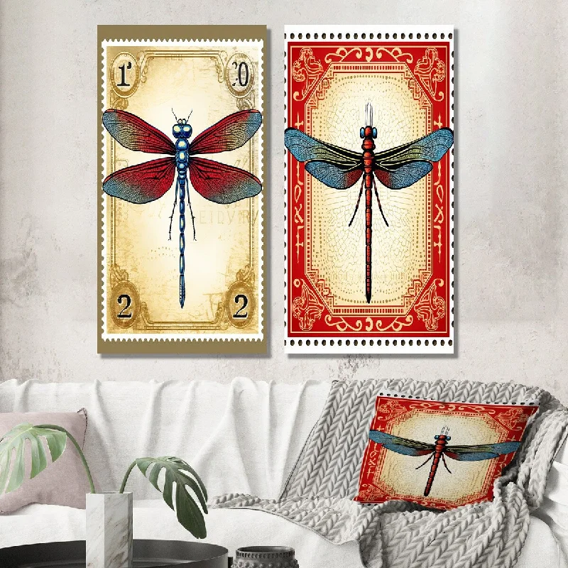 Nature inspired wall art for patio-Designart "Retro Stamp Illustration Of Red Dragonfly" Animal Wall Art Set of 2 - Children's Art Wall Art For Home Decor