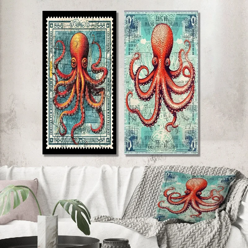 Rustic wooden animal canvas wall art for style-Designart "Retro Stamp Portrait Of Red Octopus I" Animals Octopus Wall Art Set of 2 - Children's Art For Office Decor