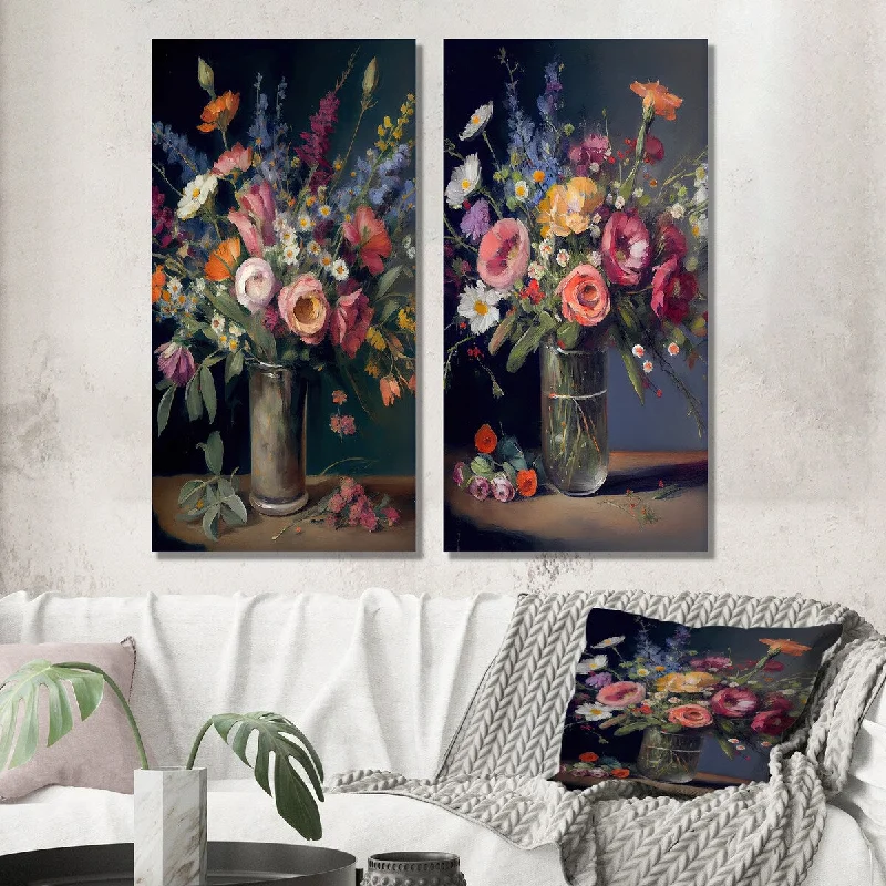 Large abstract wall art for open space-Designart "Retro Still Life With Blossoming Wildflowers I" Floral Wall Art Set of 2 - Traditional For Living Room Decor