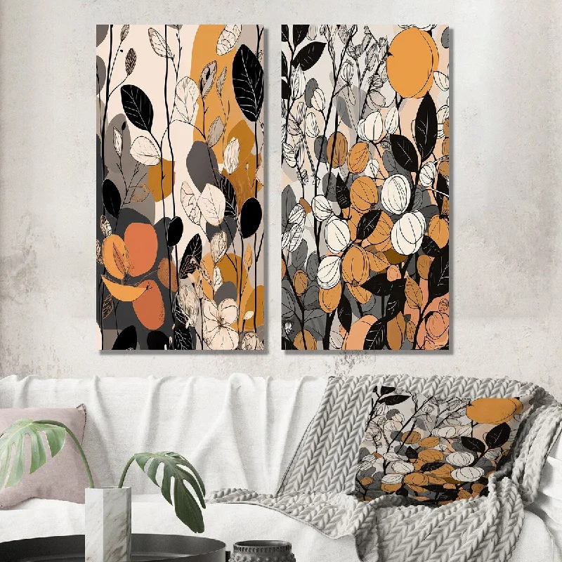 Nature themed animal canvas wall art for wild-Designart "Retro Terracotta Wildflowers Illustration I" Abstract Wall Art Set of 2 - Modern Wall Art For Bedroom