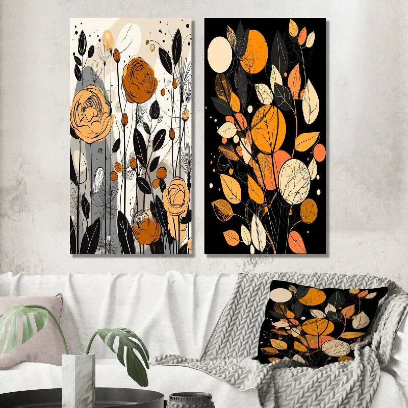 Contemporary geometric canvas wall art for edge-Designart "Retro Terracotta Wildflowers Illustration VI" Abstract Wall Art Set of 2 - Modern For Living Room Decor