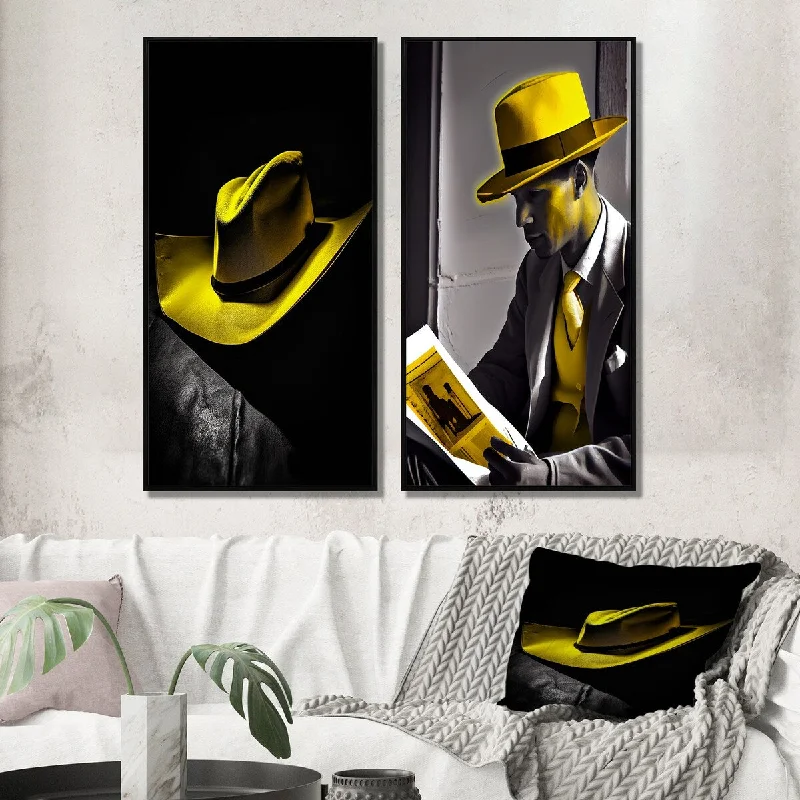 Abstract canvas wall art for living room-Designart "Retro Yellow Hat On Black" Man Framed Wall Art Set Of 2 - Glam Gallery Set For Office Decor