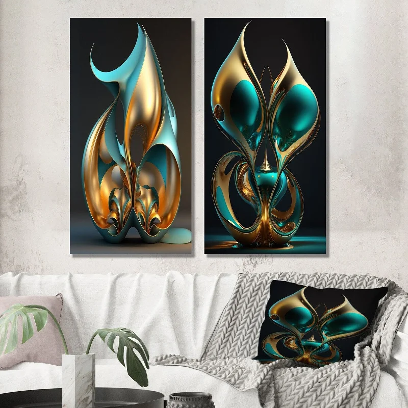 Modern animal canvas wall art for fun decor-Designart "Rhythm Of Infinity 3D Turquoise Gold Sphere I" Abstract Wall Art Set of 2 Modern Gallery Set For Office Decor