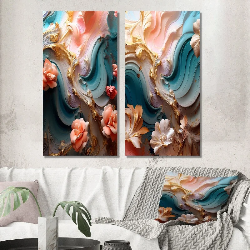 Nature inspired animal abstract wall art for vibe-Designart "River Blossoms Pink Rose Blooming Liquid Art I" Flowers Wall Art Set of 2 Traditional Wall Art For Home Decor