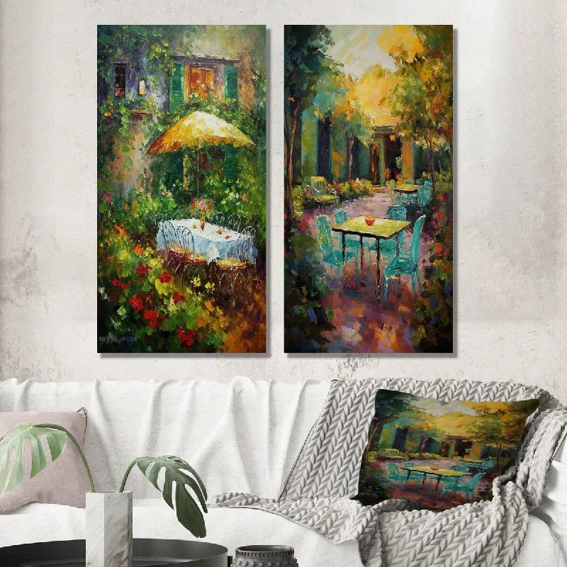 Vintage botanical wall art for retro-Designart "Romantic Picknick in Luscious Italian Garden IV" France Wall Art Set of 2 - Traditional For Living Room Decor