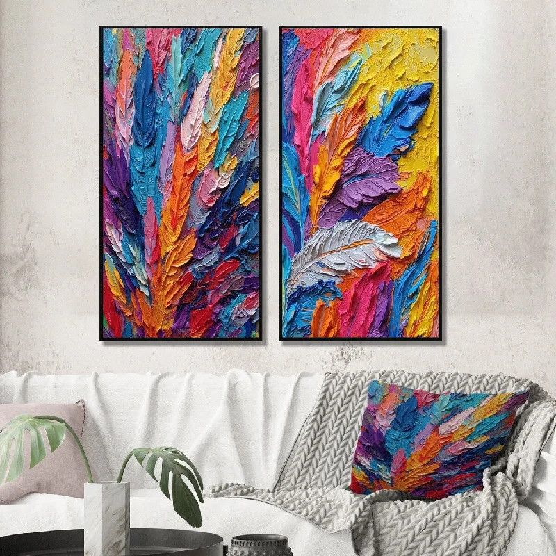 Rustic wooden animal wall art for texture-Designart "Rough Texture Colorful Feathers Painting I" Feathers Framed Wall Art For Bedroom Gallery Set For Office Decor