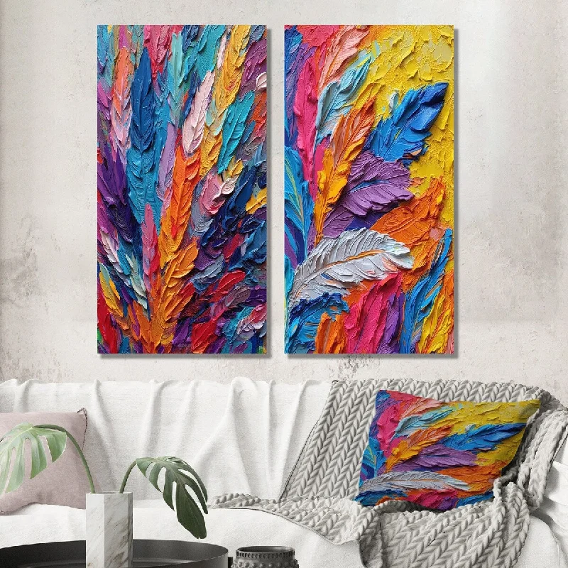 Modern black wall art for striking look-Designart "Rough Texture Colorful Feathers Painting I" Feathers Wall Art Set of 2 - Modern Wall Art For Home Decor