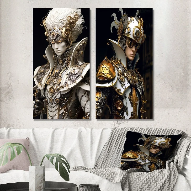 Nature inspired abstract canvas wall art for vibe-Designart "Sci-Fi Portrait Cyborg Solder In White & Gold III" Robot Wall Art Set of 2 - Modern Printed Wall Décor