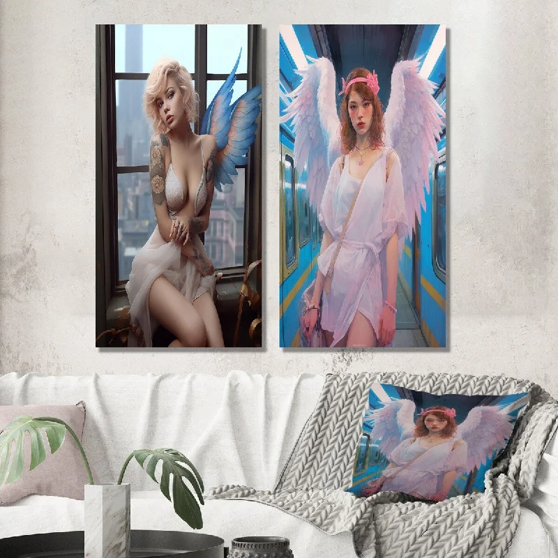 Minimalist white abstract wall art for calm-Designart "Sensual Urban Angel With Blue Wings" Fashion Woman Wall Art Set of 2 - Glam Wall Art For Home Decor