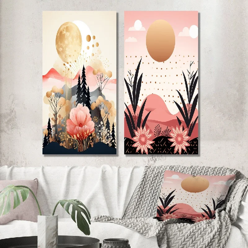 Large abstract animal wall art for bold-Designart "Serene Boho Chic Landscape In Pastel & Gold I" Modern Wall Art Set of 2 - Modern For Living Room Decor