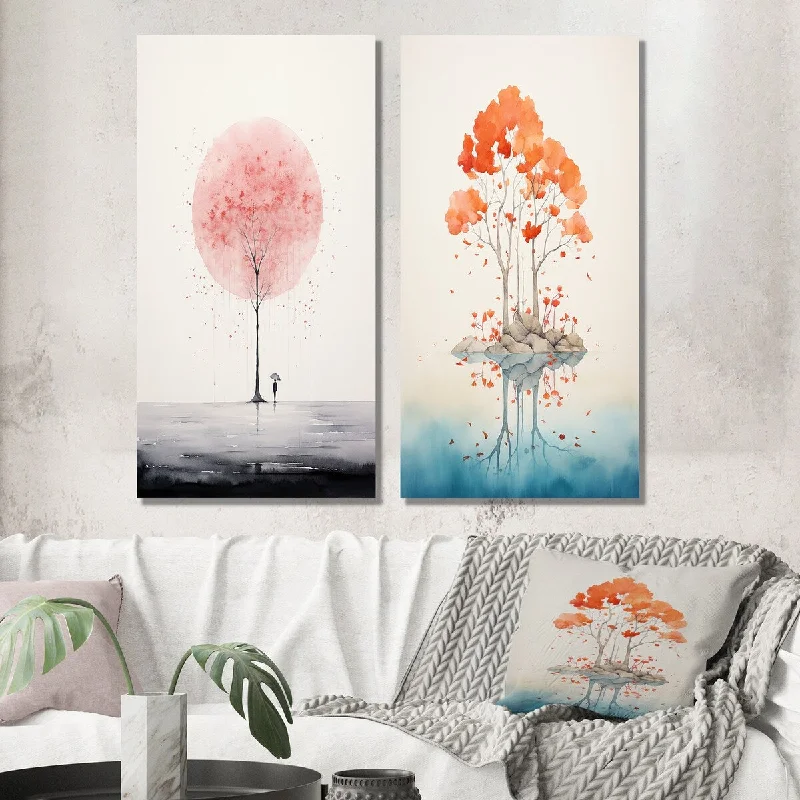 Rustic wooden floral canvas wall art for depth-Designart "Single Tree Impression Minimal Watercolor I" Landscape Wall Art Set of 2 - Traditional For Living Room Decor