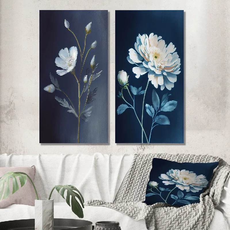 Minimalist abstract wall art for simplicity-Designart "Single White Blooming Wildflower On Retro Blue I" Floral Wall Set of 2 - Traditional Wall Art For Home Decor