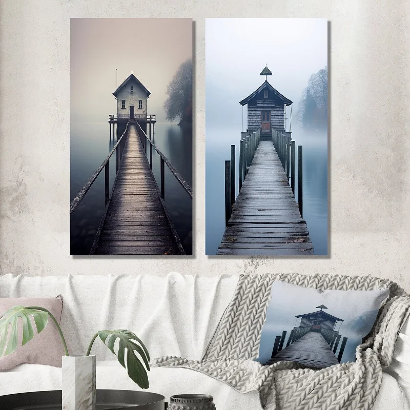 Rustic wooden animal canvas wall art for style-Designart "Small Pier To A Mysterious Lakehouse III" Lakehouse Wall Art Set of 2 - Lake House Wall Art For Home Decor