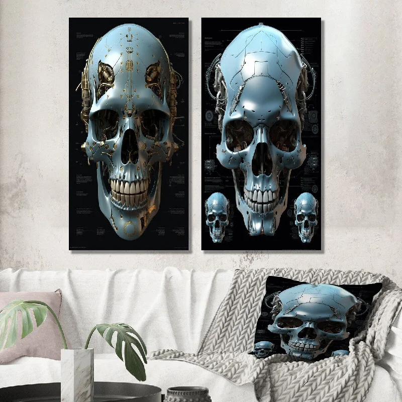 Luxury framed animal wall art for class-Designart "Smiling Cyborg Skull Funky Halloween II" Skull Wall Art Set of 2 - Modern Wall Art For Bedroom