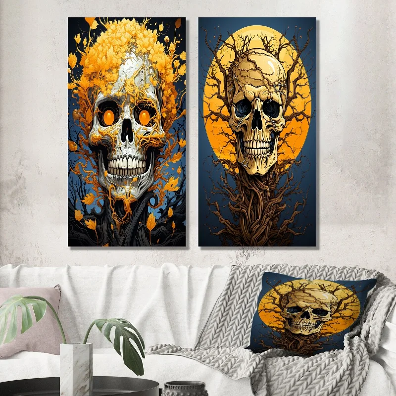 Modern colorful wall art for bold decor-Designart "Smiling Skull With Yellow Flowers Funky Halloween" Skull Wall Art Set of 2 - Modern Printed Wall Décor