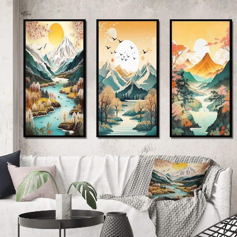 Rustic wooden floral wall art for texture-Designart "Snow Covered Mountain Peaks III" Japon Landscape Framed Wall Art Set Of 3 For Home Decor