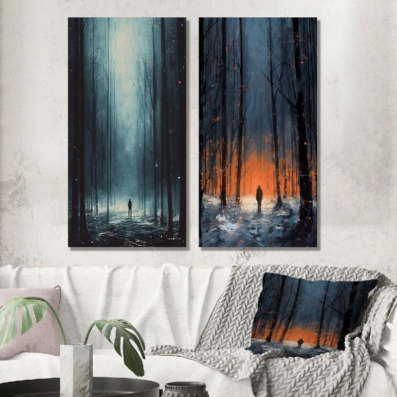 Modern black animal wall art for contrast-Designart "Solitude Midnight Wandering The Endless Forest III" Forest Wall Set of 2 - Traditional Wall Art For Bedroom