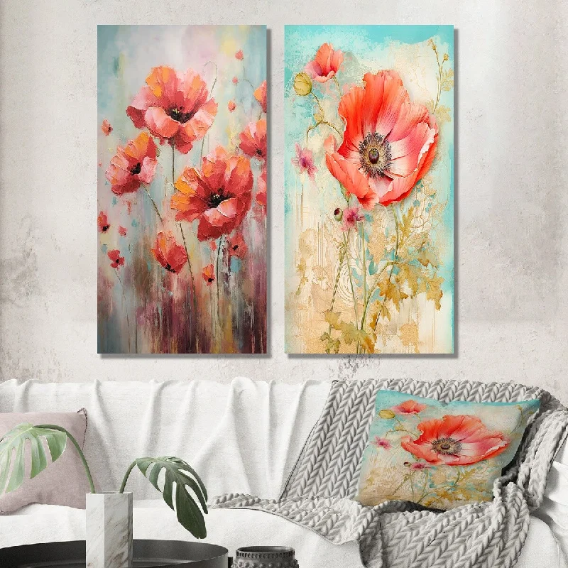 Large abstract geometric wall art for impact-Designart "Spring Blossoming Red Poppie Illustration I" Poppies Wall Art Set of 2 - Traditional For Office Decor