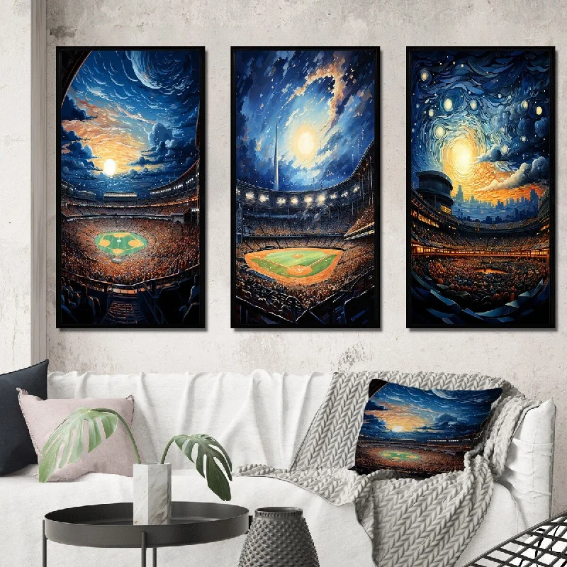 Rustic farmhouse animal wall art for rustic-Designart "Stadium In Spotlight At Night II" Cityscapes Framed Wall Art Set Of 3 Frame Gallery Set For Office Decor