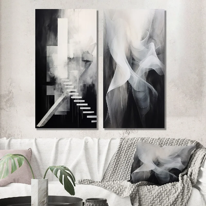 Luxury framed floral wall art for elegance-Designart "Stairway To Afterthoughts Minimal Black And White" Abstract Wall Art Set of 2 - Modern For Living Room Decor