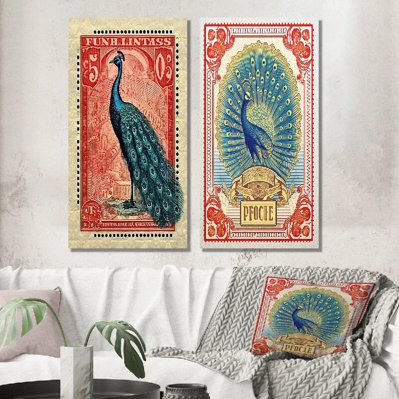 Rustic farmhouse wall art for warmth-Designart "Stamp Illustration Of Glorious Peacock VIII" Animal Wall Art Set of 2 - Children's Art Printed Wall Décor