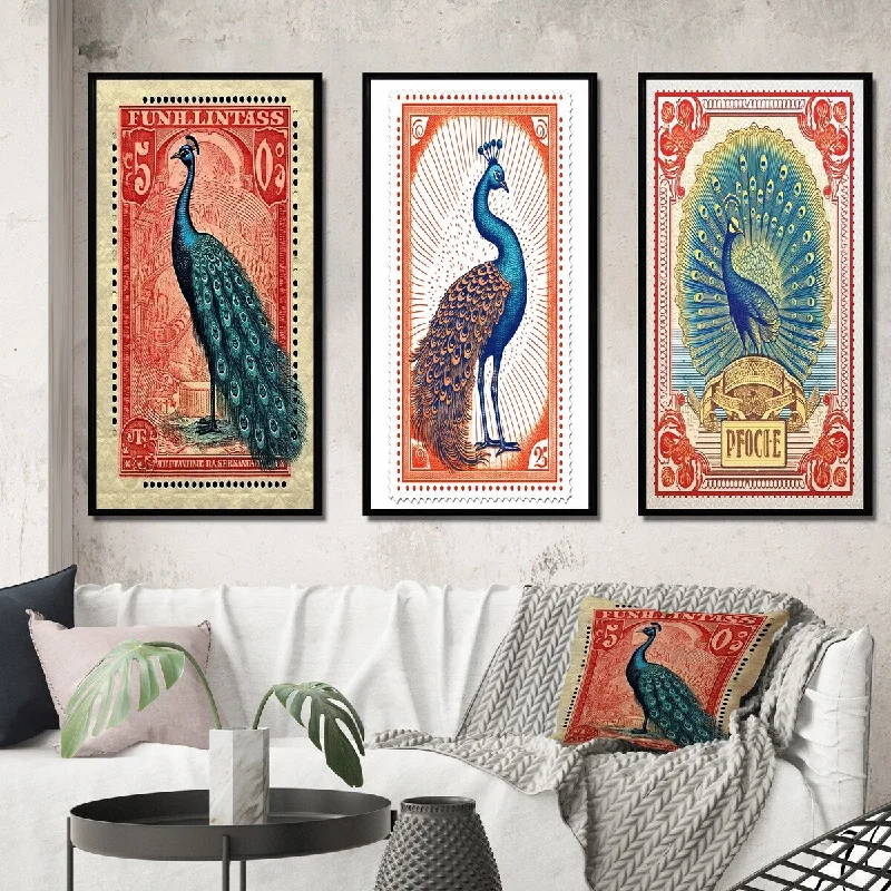 Large modern abstract wall art for wow factor-Designart "Stamp Illustration Of Glorious Peacock VIII" Animals Peacock Frame Gallery Set Of 3 For Office Decor