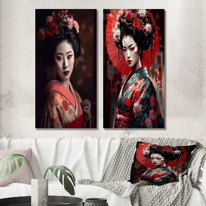 Minimalist black abstract wall art for edge-Designart "Stylish Japanese Geisha In Black And Red II" Japon Woman Wall Art Set of 2 - Glam Wall Art For Home Decor