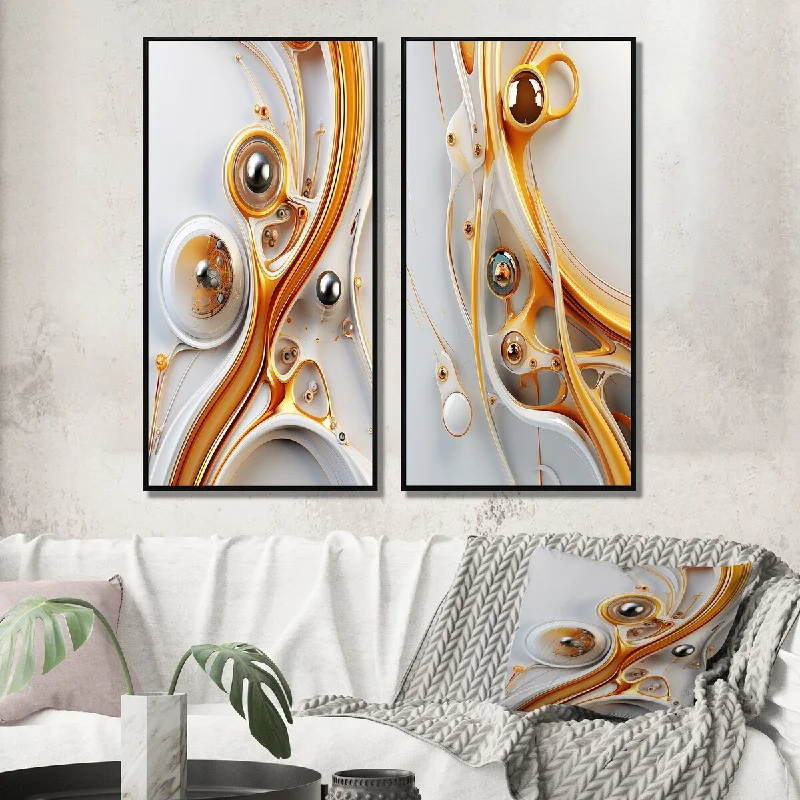 Rustic wooden wall art for cabin-Designart "Sublime Liquid Minimal In Gold White Silver I" Abstract Shapes Framed Wall Art Set Of 2 Wall Art Set Of 2