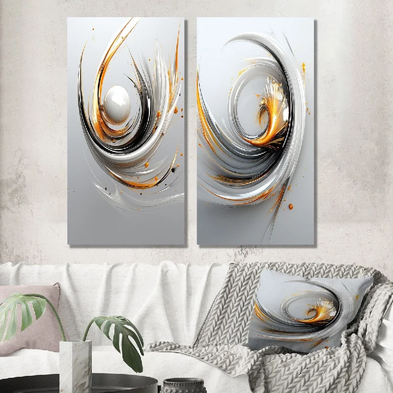 Nature themed abstract wall art for peace-Designart "Sublime Liquid Minimal In Gold White Silver II" Abstract Wall Art Set of 2 - Transitional Living Room Decor