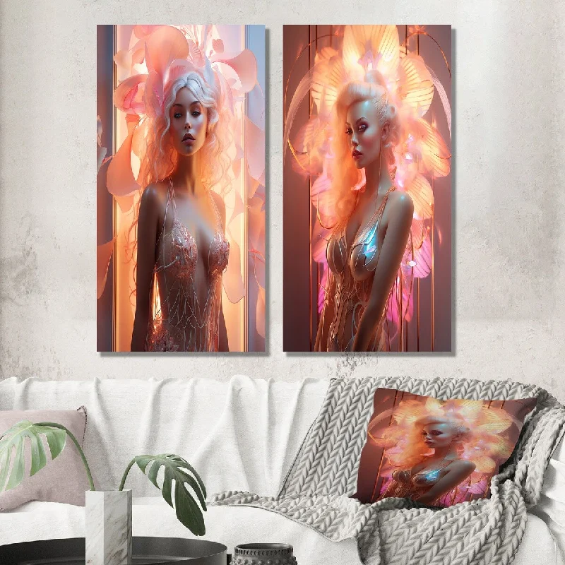 Large modern geometric wall art for wow-Designart "Subtle Sensuality Pink Cabaret Dancer I" Fashion Woman Wall Art Set of 2 Glam Wall Art For Living Room Decor