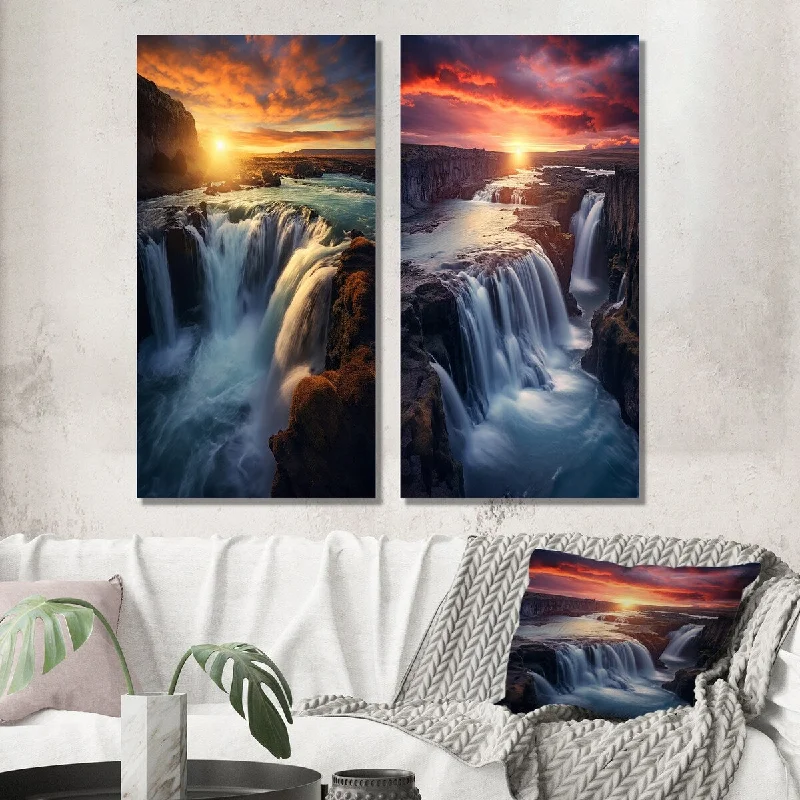 Luxury gold geometric wall art for opulence-Designart "Summery Sunset Over Majestic Waterfalls I" Waterfall Wall Art Set of 2 - Traditional For Living Room Decor