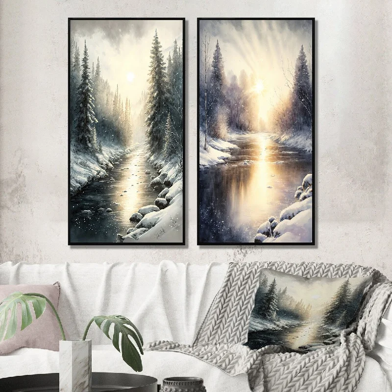 Luxury floral wall art for sophistication-Designart "Sunlight Reflecting The Snow Forest River I" Landscape Lake Framed Wall Art For Bedroom Gallery Wall Set Of 2