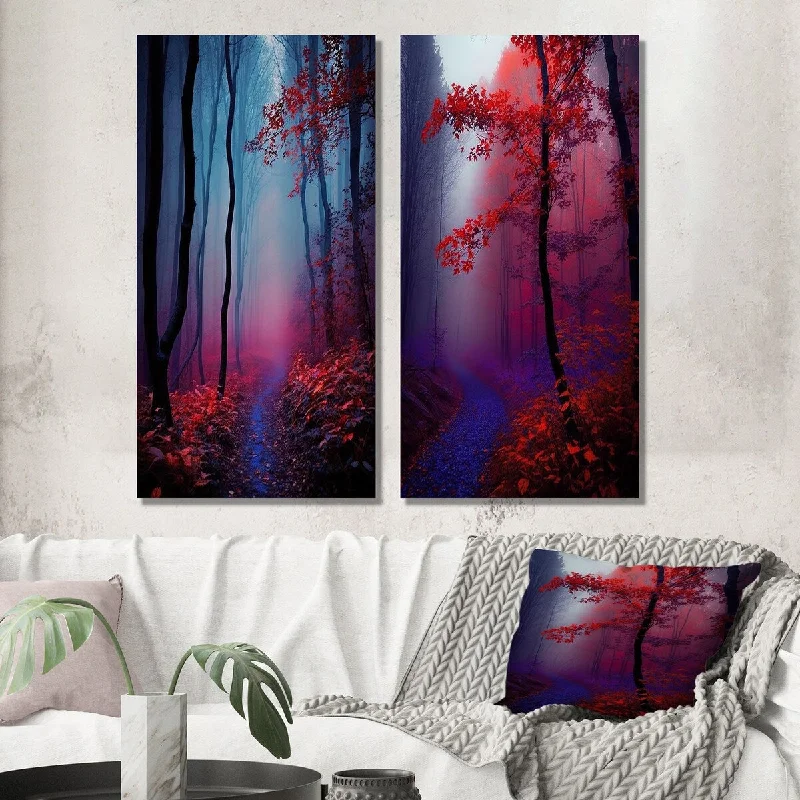 Minimalist black animal wall art for sleek-Designart "Sunset Shining Misty Trees Autumn Forest II" Forest Wall Art Set of 2 - Traditional Wall Art For Bedroom