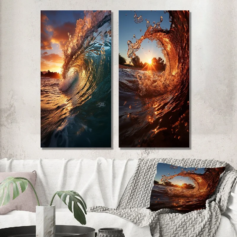 Nature themed animal abstract wall art for wild-Designart "Sunshine In Breaking Waves Nature Photography II" Coastal Waves Wall Art Set of 2 Wall Art For Bedroom