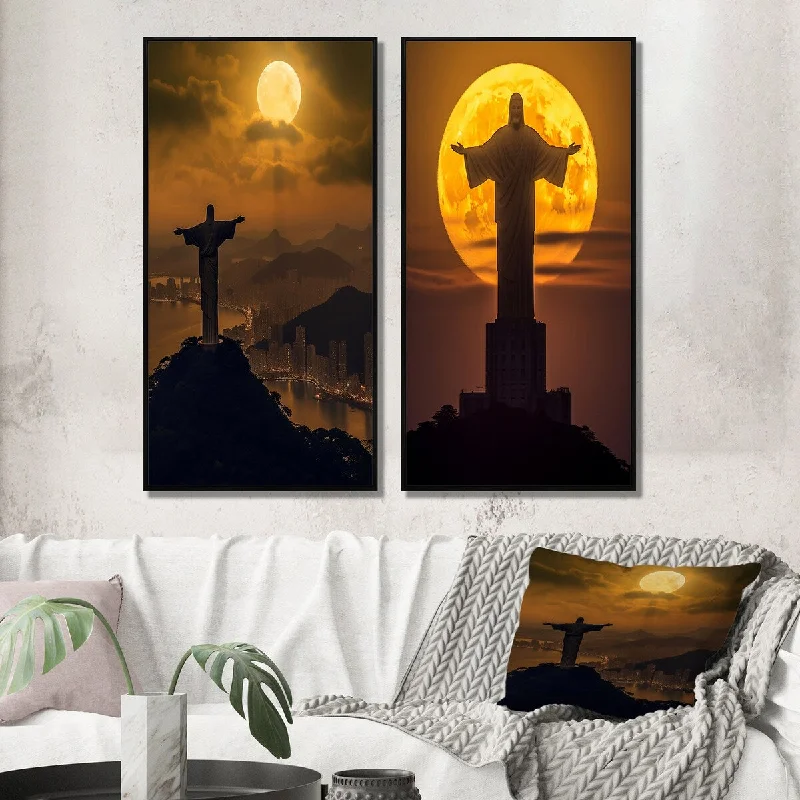 Boho style animal wall art for eclectic vibe-Designart "Supermoon Over Christ the Redeemer In Rio V" Christianism Wall Art Décor Gallery Wall Set For Home Decor