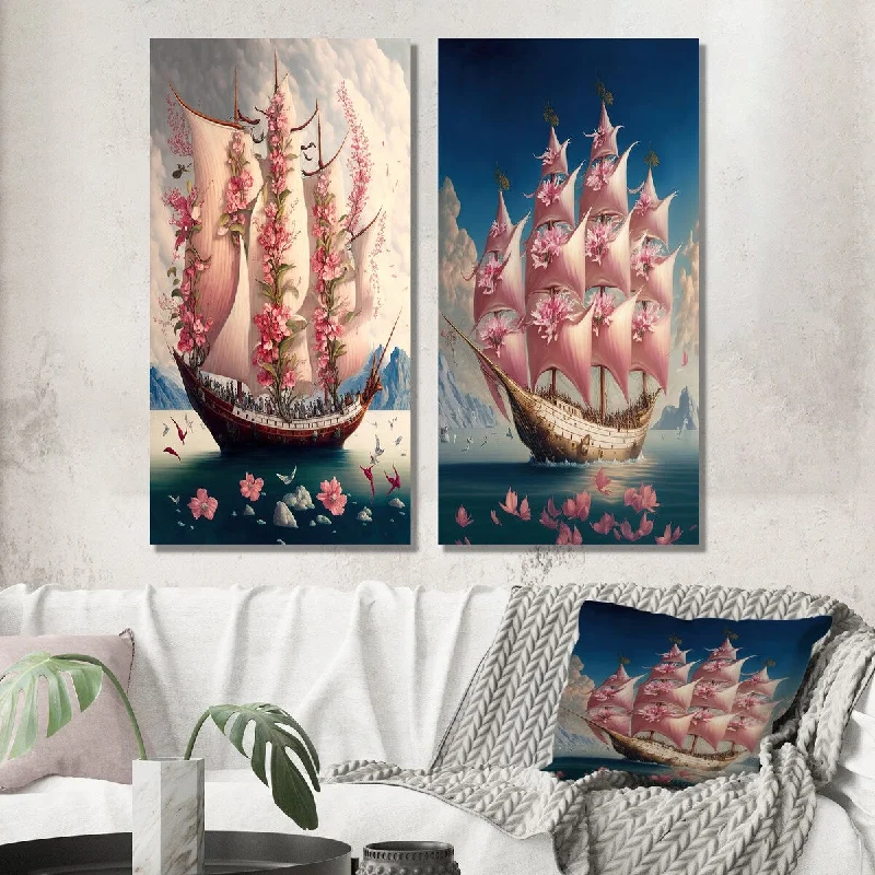 Large floral canvas wall art for vibrancy-Designart "Surrealist Boat With Pink Blossoming Sails I" Coastal Wall Art Set of 2 - Traditional Wall Art For Home Decor