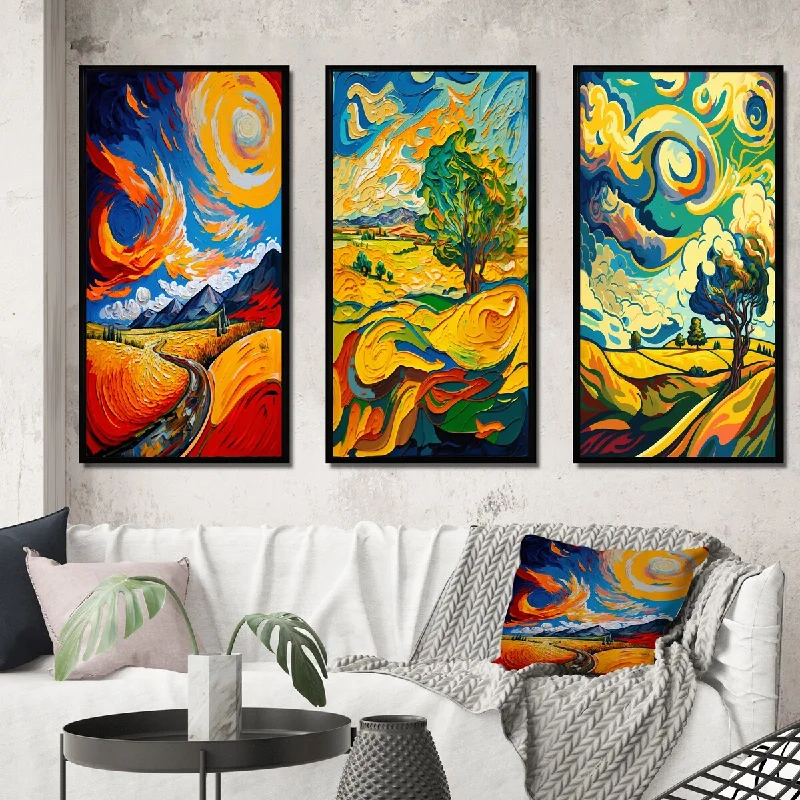 Rustic farmhouse abstract wall art for charm-Designart "Swirling Vibrant Tree In The Countryside II" Meadow Framed Wall Art Set Of 3 - Traditional For Office Decor