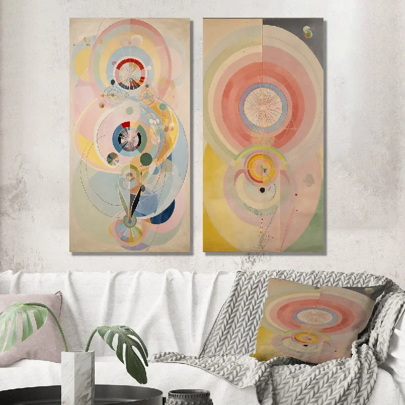 Contemporary colorful abstract wall art for pop-Designart "Syncronicity Pink Vintage Spiritual Retro Art I" Abstract Wall Art Set of 2 - Modern For Living Room Decor