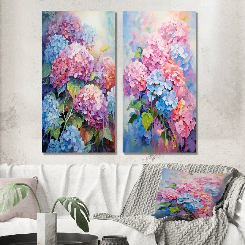 Minimalist black geometric wall art for chic-Designart "Tender Hydrangea Bouquet In Gentle Pastel III" Hydrangea Wall Set of 2 - Traditional Wall Art For Home Decor