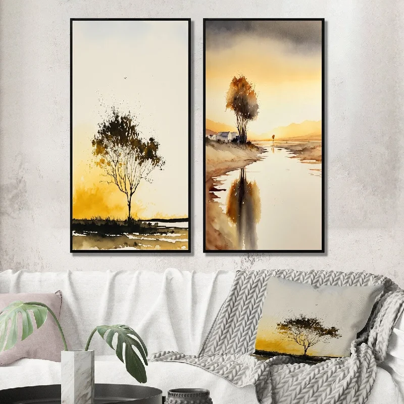 Contemporary blue animal wall art for cool-Designart "Tree In The Countryside At Sunset I" Landscape Forest Framed Wall Art For Bedroom - Country Wall Art Set Of 2