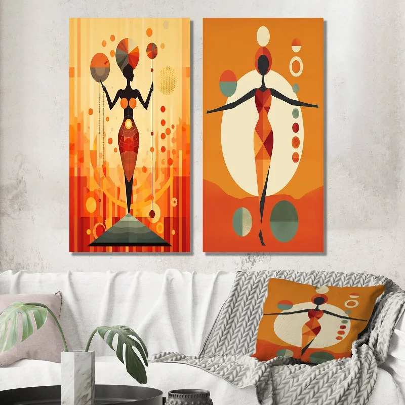 Minimalist black abstract wall art for edge-Designart "Tribal Goddess Rhythms In Orange And Red III" Woman Wall Art Set of 2 - Glam Wall Art For Bedroom