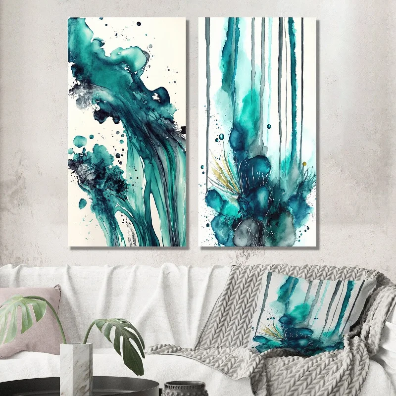 Boho style floral wall art for softness-Designart "Tropical Turquoise Joyfulness II" Abstract Liquid Ink Wall Art Set of 2 - Modern Wall Art For Bedroom