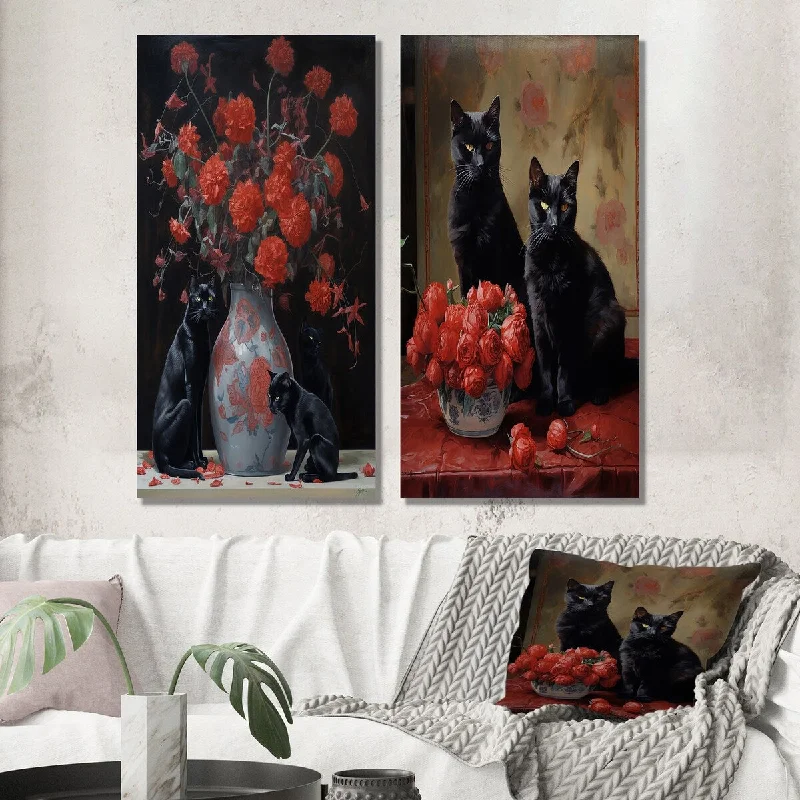 Handmade floral canvas wall art for beauty-Designart "Two Black Cats With Red Roses Painting II" Animal Wall Art Set of 2 - Children's Art Wall Art For Home Decor