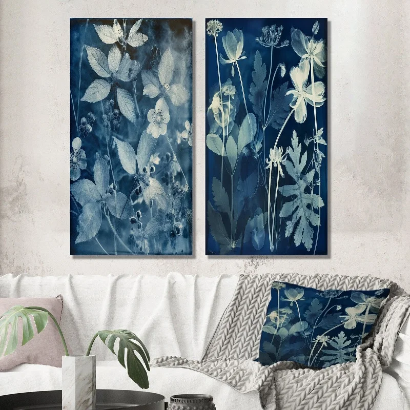 Handmade floral canvas wall art for beauty-Designart "Vintage Botanical Wildflowers In Faded Blue II" Abstract Wall Art Set of 2 - Modern Wall Art For Bedroom