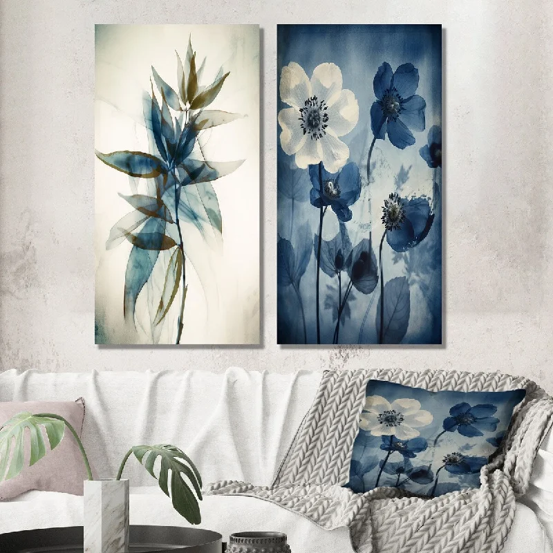 Custom abstract wall art for personal touch-Designart "Vintage Botanicals Abstract Leaves Retro Blue IX" Abstract Wall Art Set of 2 - Modern Wall Art For Home Decor