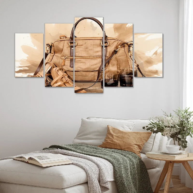 Boho style wall art for cozy space-Designart "Vintage Brown Fashion Handbag Elegance" Fashion Bag Set Of 5 - Glam Oversized Canvas Wall Art For Entryway