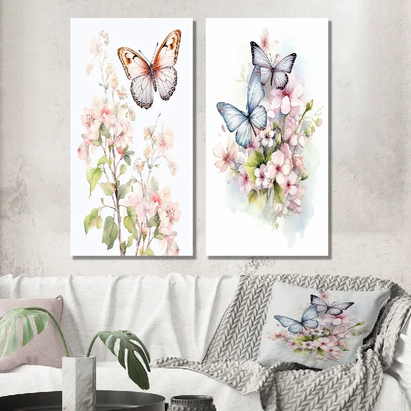 Rustic farmhouse wall art for warmth-Designart "Vintage Butterflies On Flowers In Pastel Tones II" Animal Wall Art Set of 2 - Children's Art For Office Decor