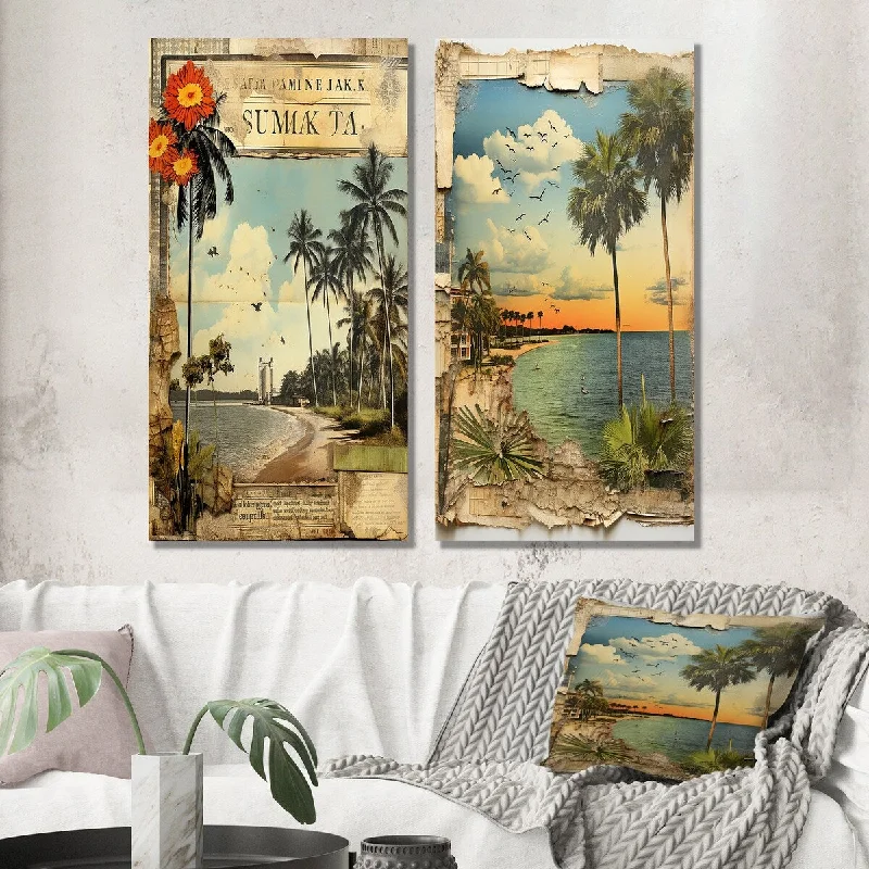 Handmade animal wall art for playful vibe-Designart "Vintage Florida Collage Palm Trees And Beach I" Florida Wall Art Set of 2 - Modern Wall Art For Bedroom