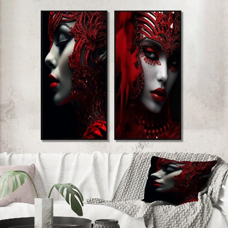 Custom abstract geometric wall art for personal-Designart "Vintage Glam Mysterious Scarlet Beauty Lady" Fashion Woman Framed Wall Art Gallery Wall Set For Home Decor