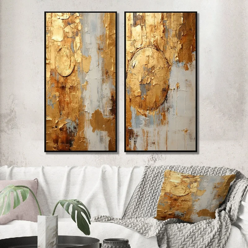 Hand-painted landscape wall art for detail-Designart "Vintage Gold Togetherness I" Abstract Painting Framed Wall Art Set Of 2 Gallery Wall Set For Home Decor